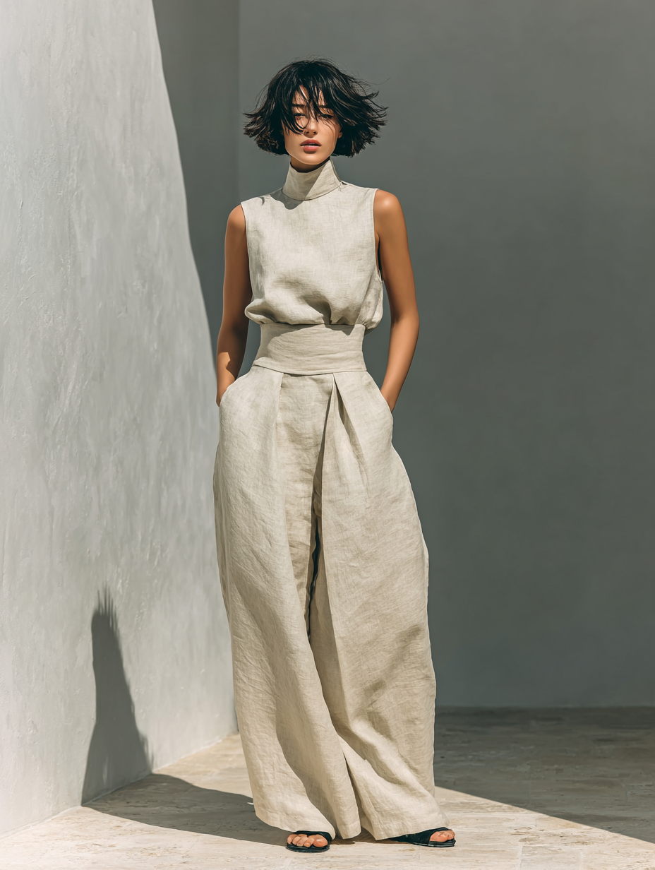María - Conjunto de camiseta sin mangas y pantalones anchos de algodón y lino de estilo minimalista para mujer