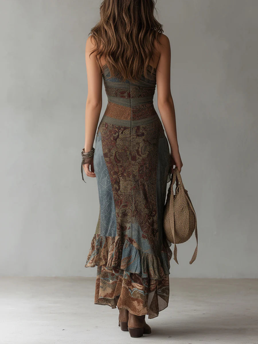 Elena ∙ Vestido largo asimétrico con estampado étnico y abertura alta