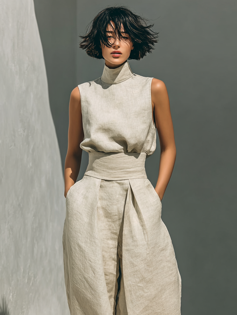 María - Conjunto de camiseta sin mangas y pantalones anchos de algodón y lino de estilo minimalista para mujer