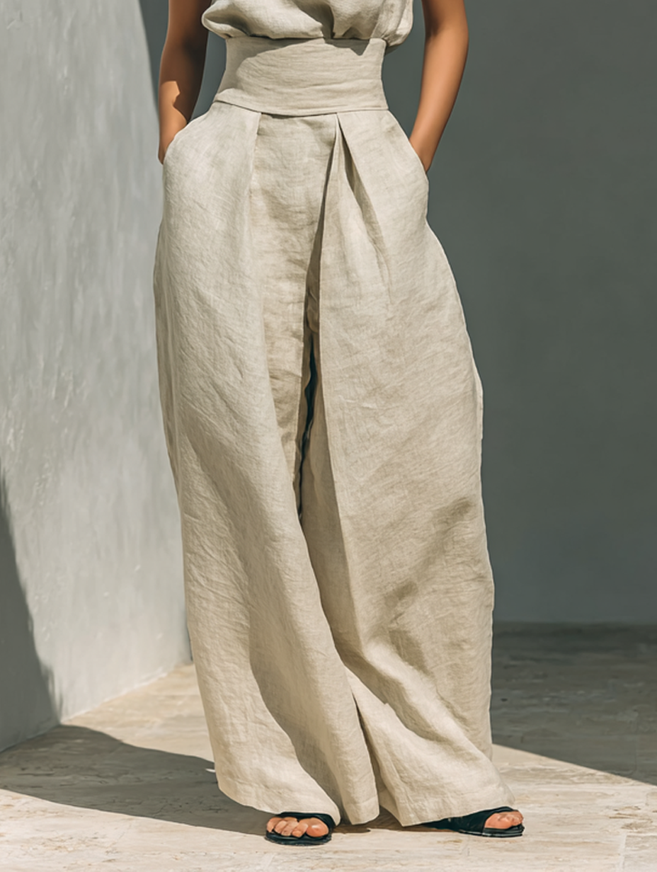 María - Conjunto de camiseta sin mangas y pantalones anchos de algodón y lino de estilo minimalista para mujer