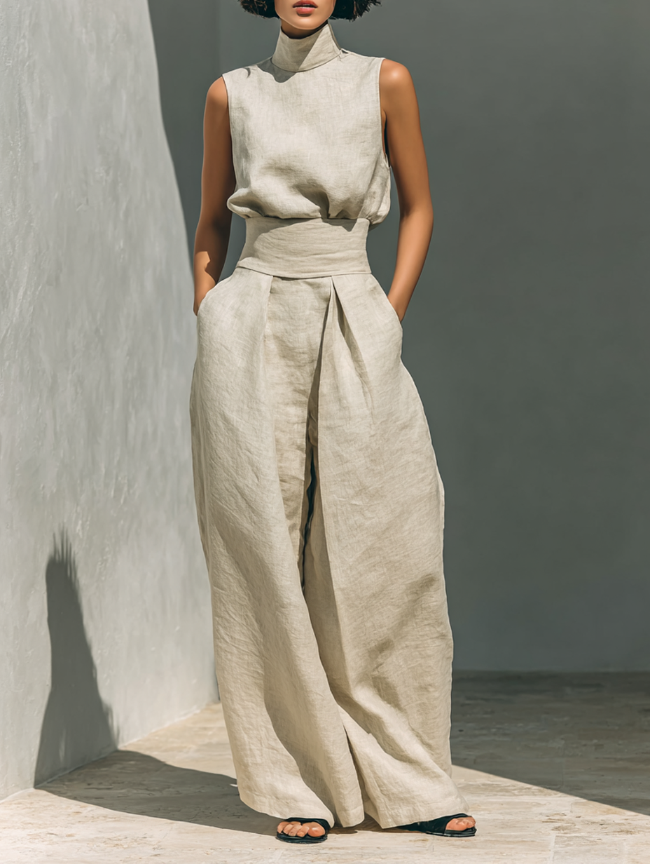 María - Conjunto de camiseta sin mangas y pantalones anchos de algodón y lino de estilo minimalista para mujer