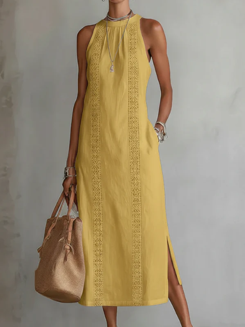 Jimena - Abito midi in lino con colletto alla coreana