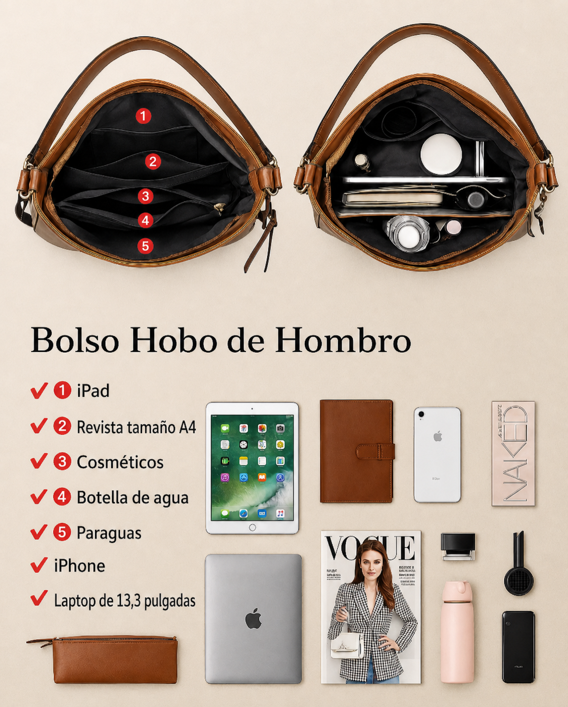 Bolso de mano de lujo de piel estilo hobo antirrobo