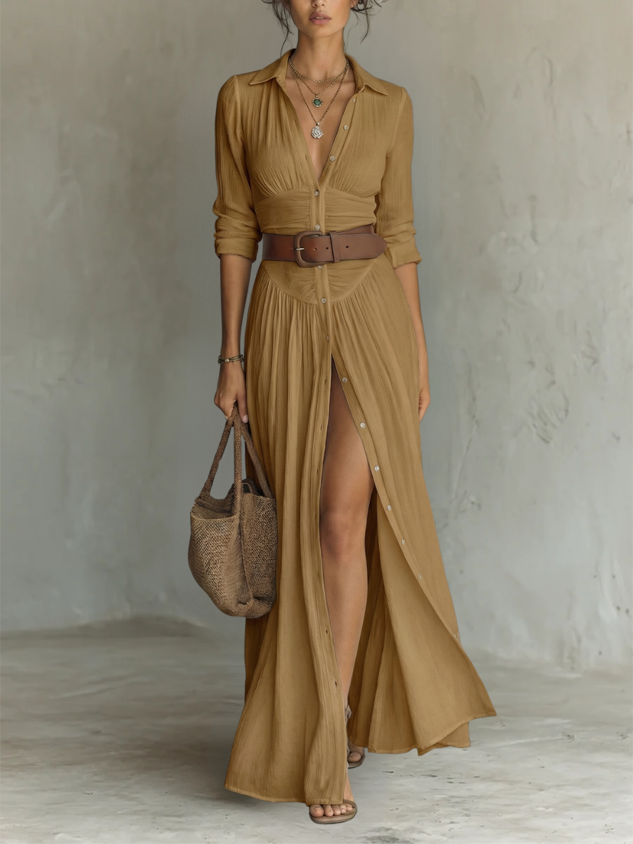 Vestito lungo con colletto a revers e maniche lunghe in lino da donna