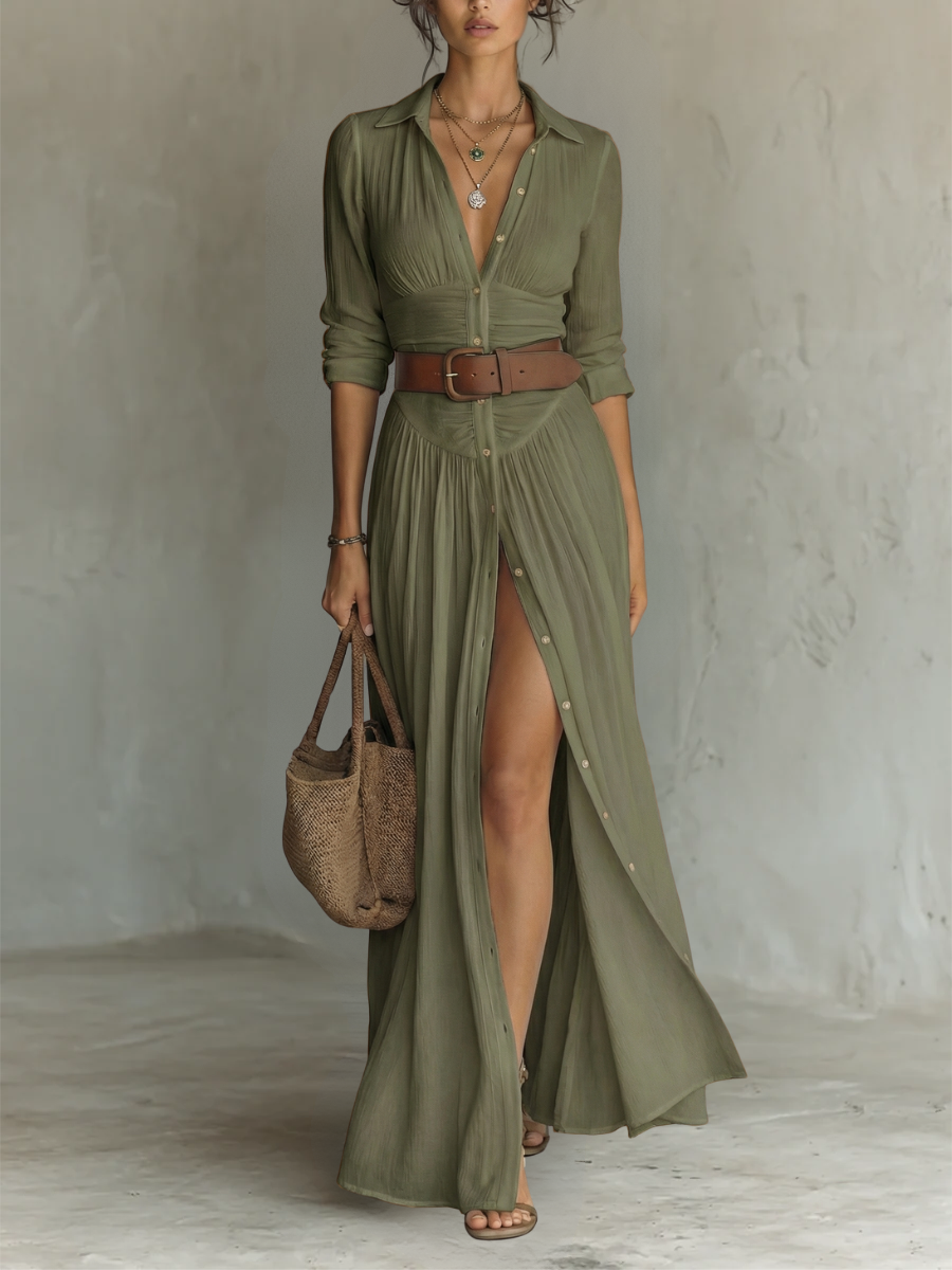 Vestito lungo con colletto a revers e maniche lunghe in lino da donna