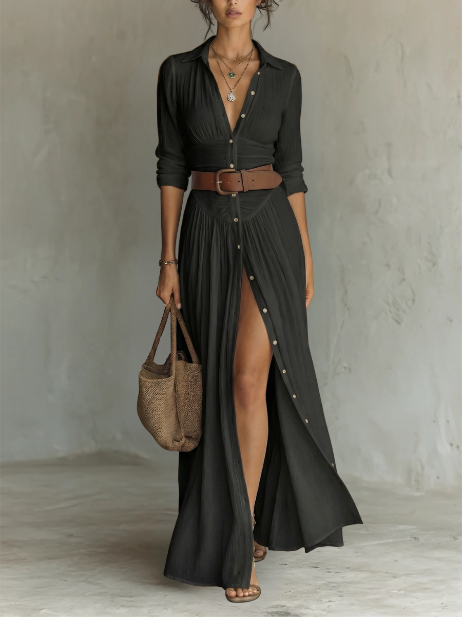 Vestito lungo con colletto a revers e maniche lunghe in lino da donna