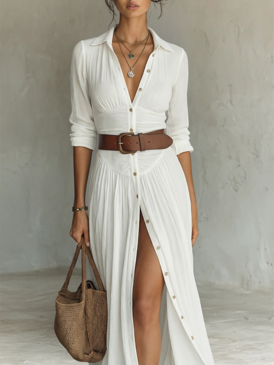 Vestito lungo con colletto a revers e maniche lunghe in lino da donna