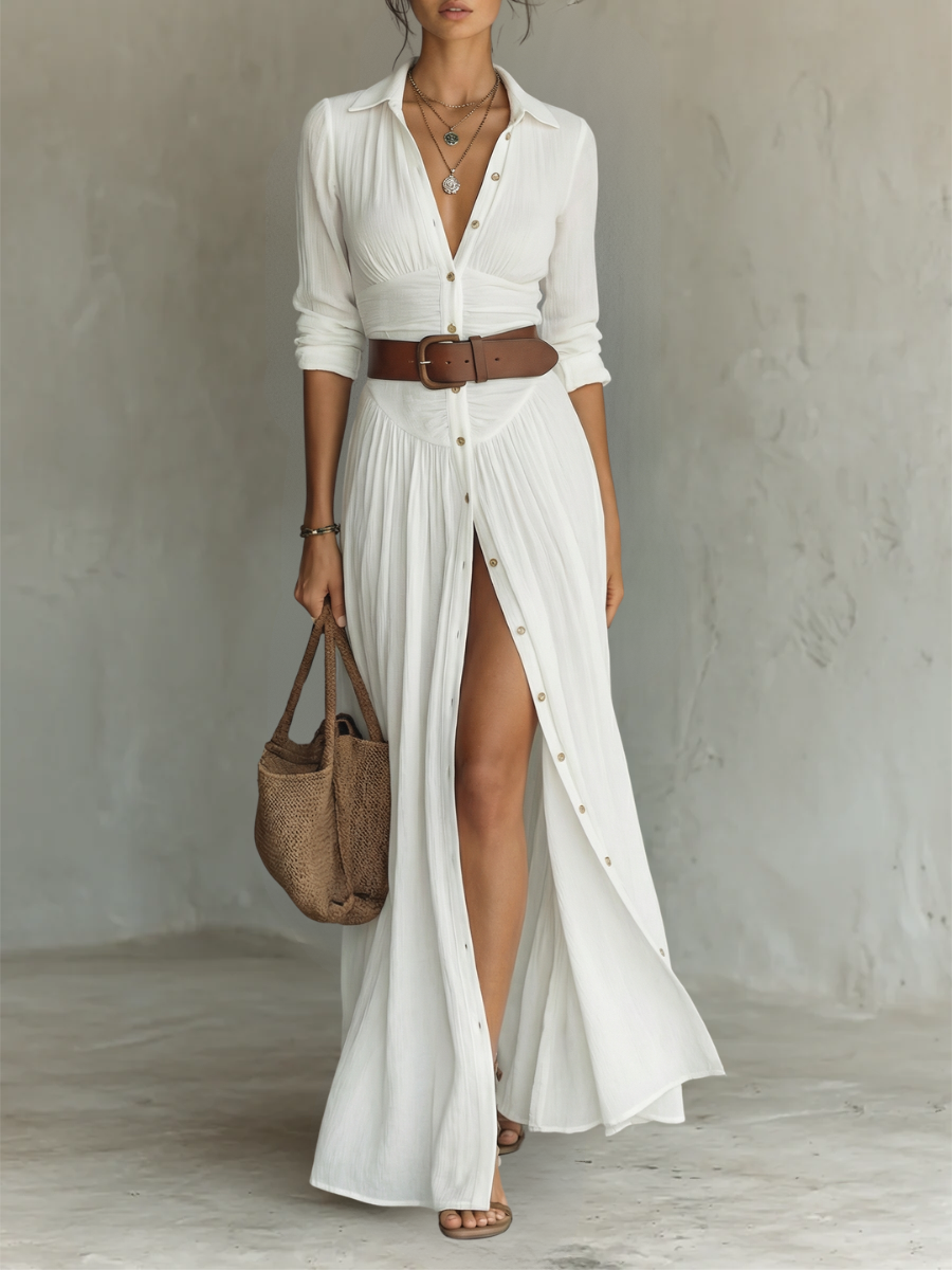 Vestito lungo con colletto a revers e maniche lunghe in lino da donna