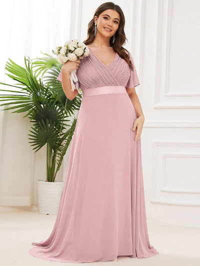 MONICA | Vestito taglie forti, taglio impero lungo e maniche corte con volant