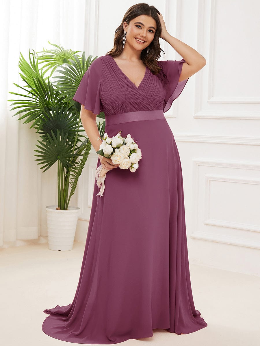 MONICA | Vestito taglie forti, taglio impero lungo e maniche corte con volant