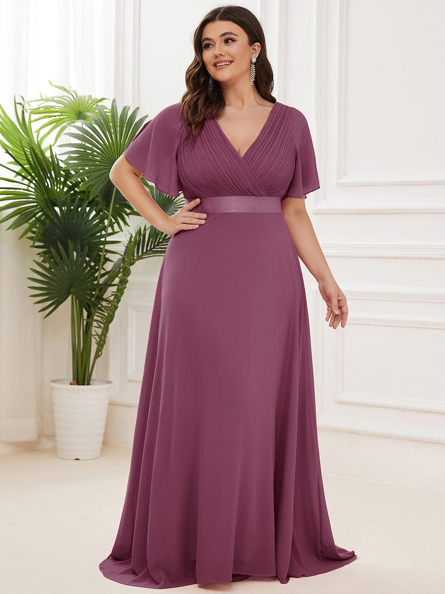 MONICA | Vestito taglie forti, taglio impero lungo e maniche corte con volant