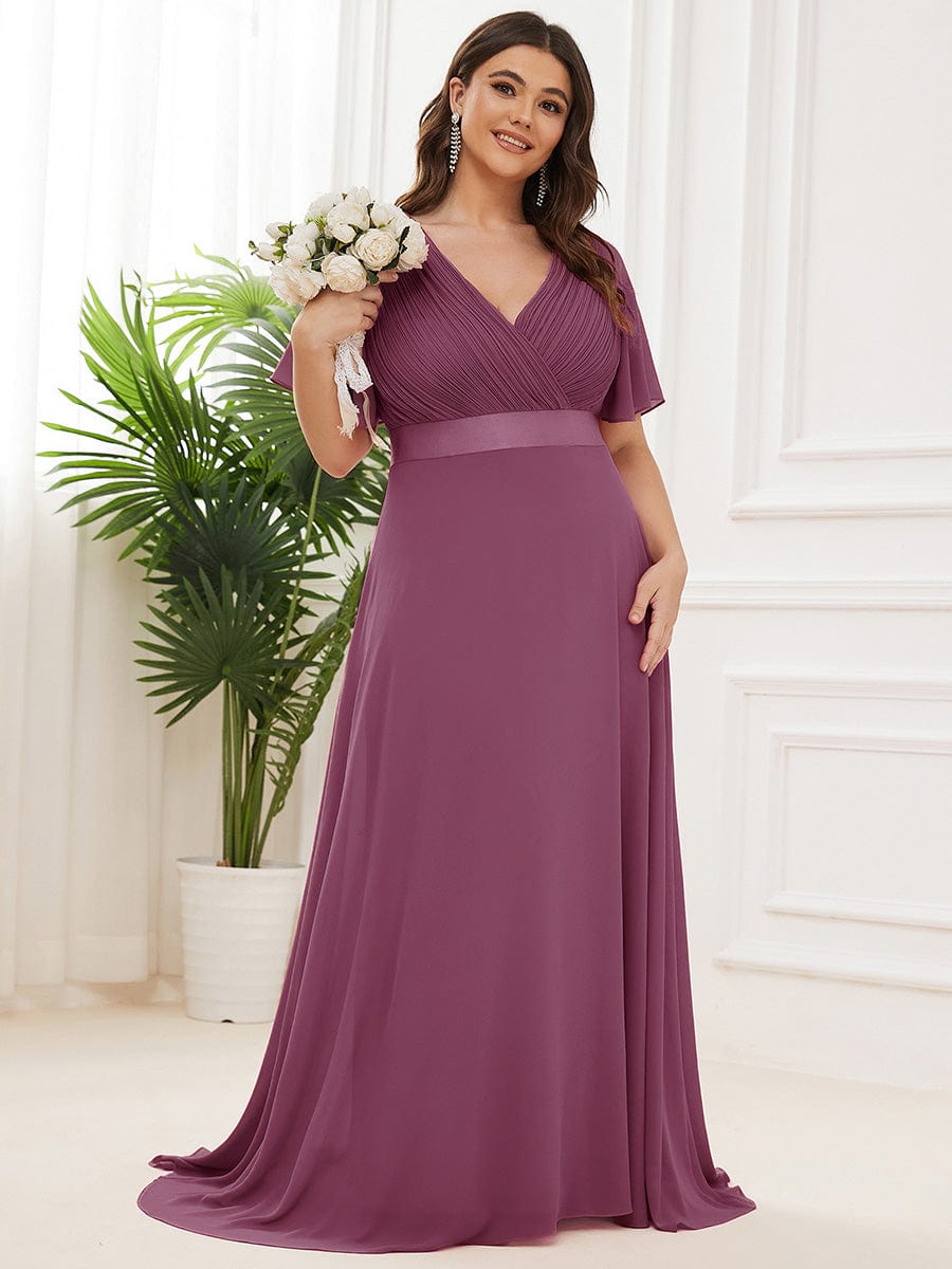 MONICA | Vestito taglie forti, taglio impero lungo e maniche corte con volant
