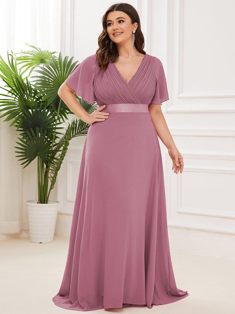 MONICA | Vestito taglie forti, taglio impero lungo e maniche corte con volant