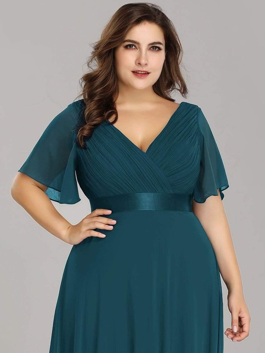 MONICA | Vestito taglie forti, taglio impero lungo e maniche corte con volant