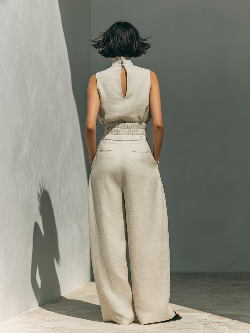 María - Conjunto de camiseta sin mangas y pantalones anchos de algodón y lino de estilo minimalista para mujer