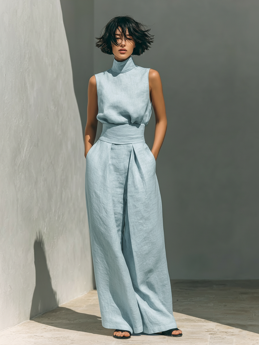 María - Conjunto de camiseta sin mangas y pantalones anchos de algodón y lino de estilo minimalista para mujer