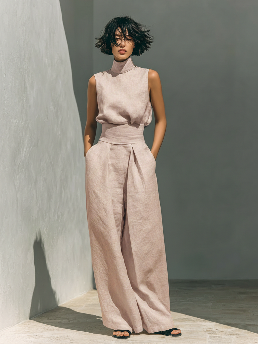 María - Conjunto de camiseta sin mangas y pantalones anchos de algodón y lino de estilo minimalista para mujer
