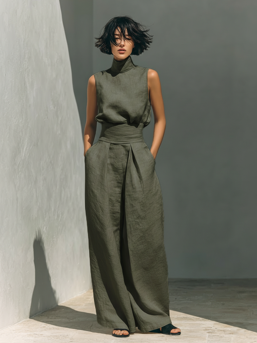 María - Conjunto de camiseta sin mangas y pantalones anchos de algodón y lino de estilo minimalista para mujer