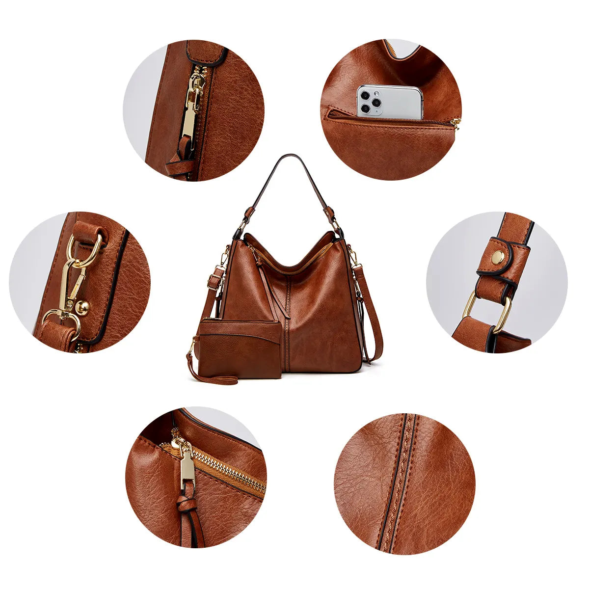Bolso de mano de lujo de piel estilo hobo antirrobo