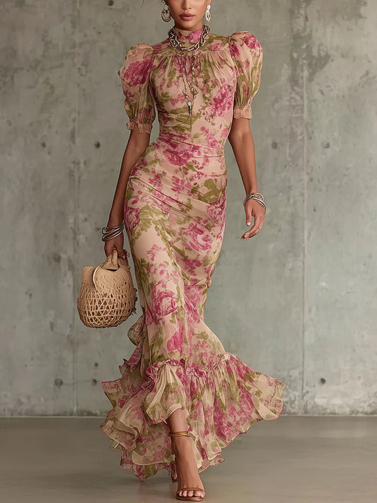 Fiora | Abito lungo con stampa vintage di rose e maniche a sbuffo
