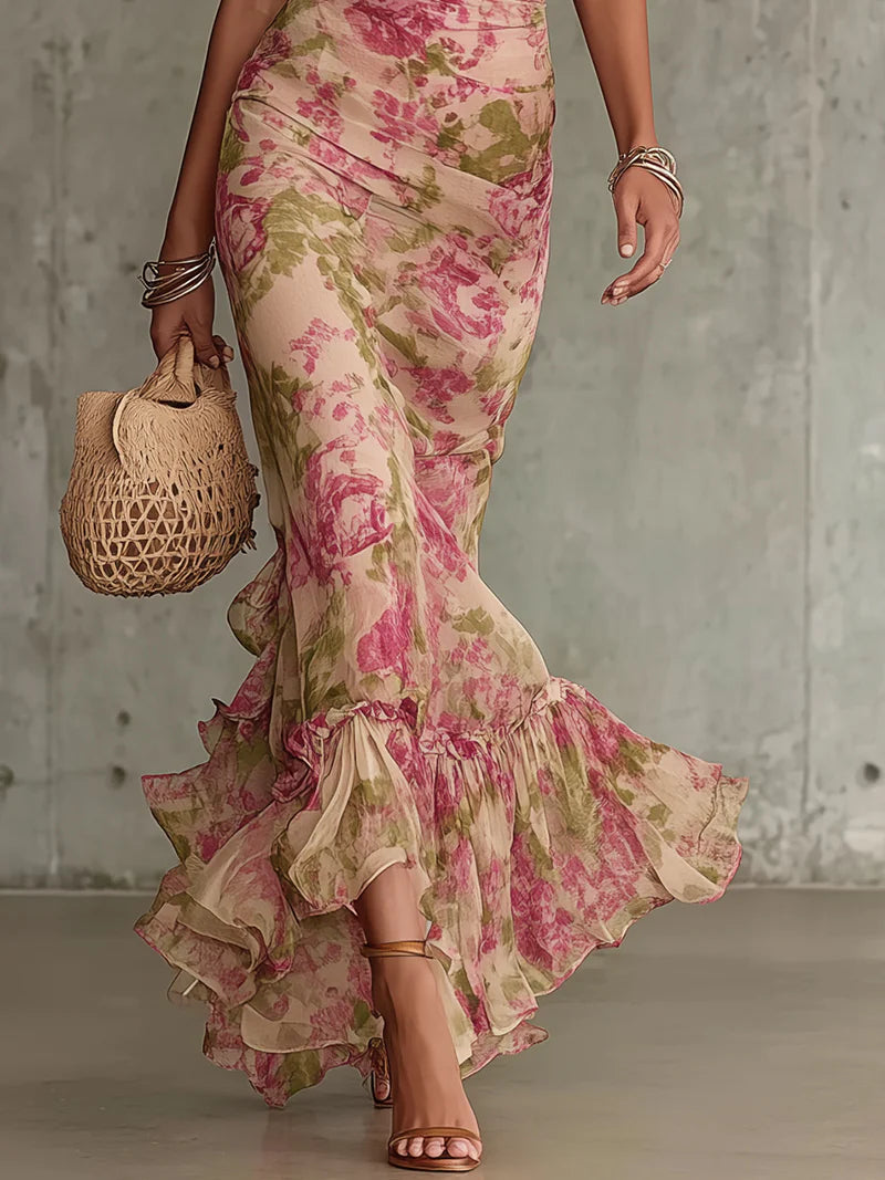 Fiora | Abito lungo con stampa vintage di rose e maniche a sbuffo