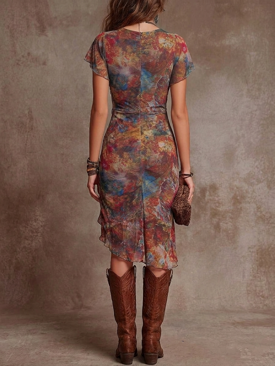 Martina | Vestido midi plisado con escote en V y estampado artístico abstracto de estilo bohemio