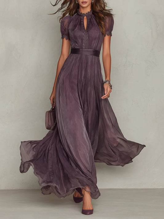 Flavia • Abito lungo viola con scollo a V e bordo in pizzo di chiffon