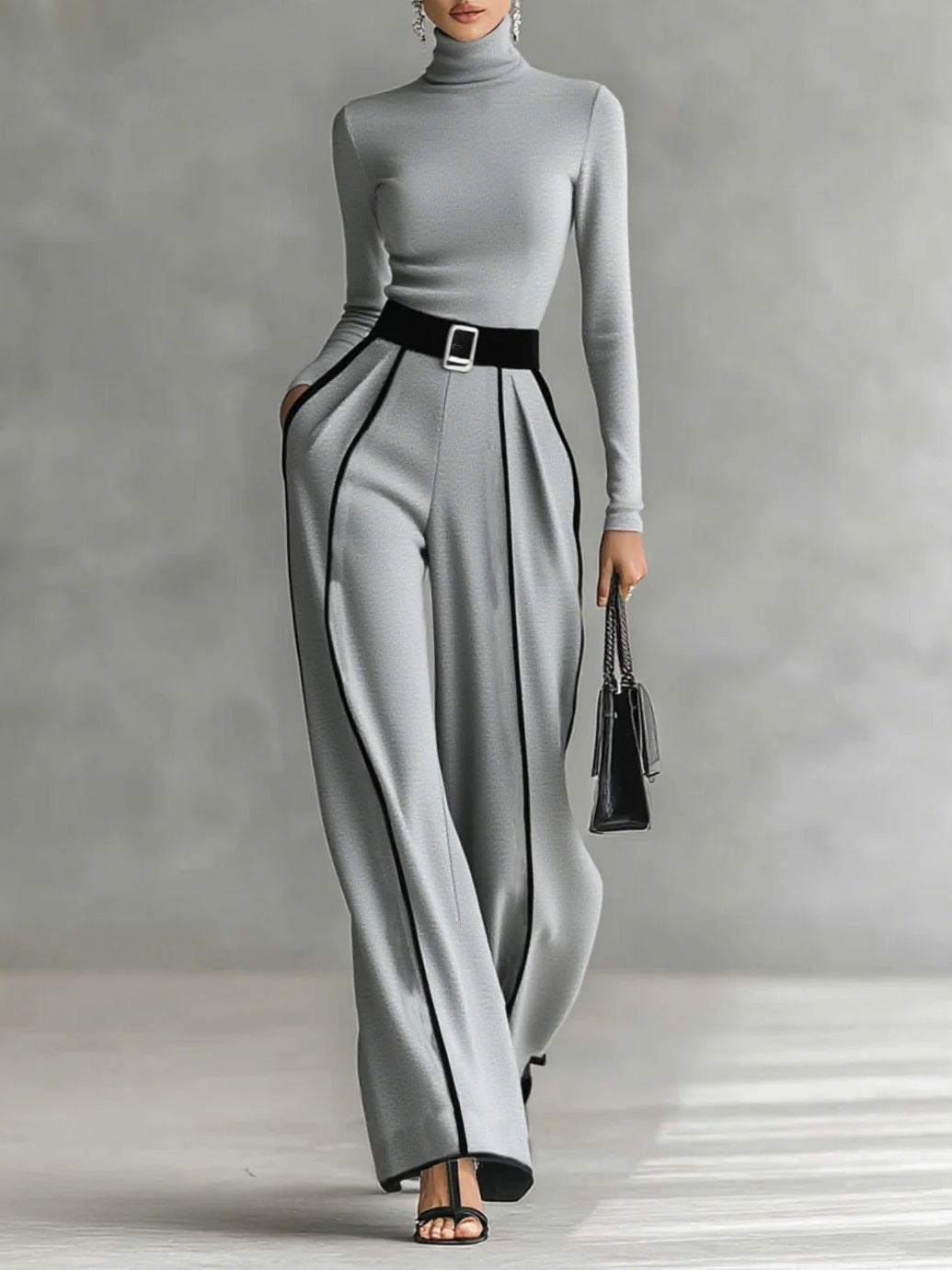Solana™ - Conjunto de tops de cuello alto con mangas largas y pantalones de pierna ancha con cinturón