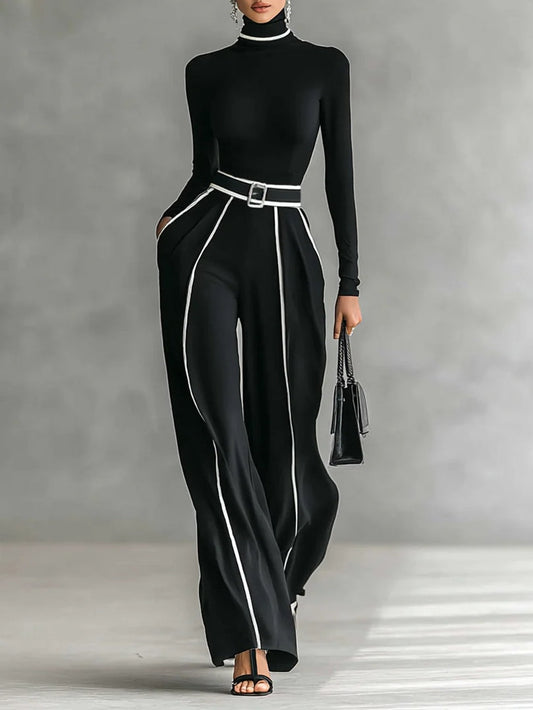 Solana™ - Conjunto de tops de cuello alto con mangas largas y pantalones de pierna ancha con cinturón