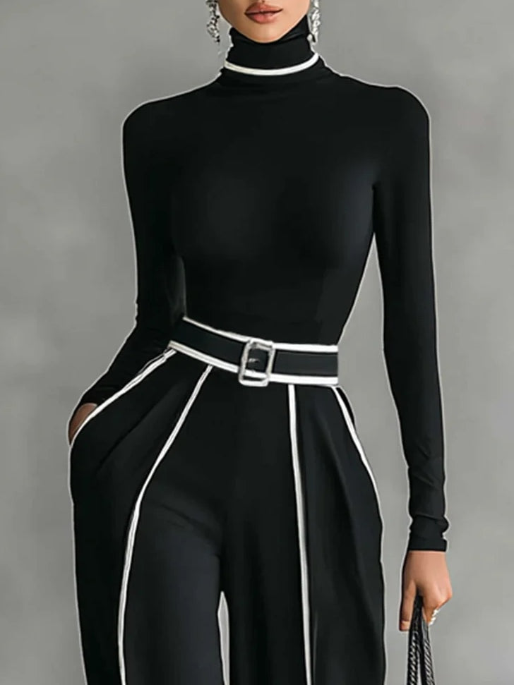 Solana™ - Conjunto de tops de cuello alto con mangas largas y pantalones de pierna ancha con cinturón